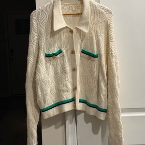 Marled Cream Cable Knit Cardigan with Green Trim